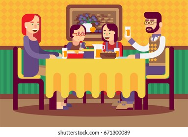 Cute Family Meal. Father, Mother, Son and Daughter Together Sit at the Table and Have Lunch. Vector Illustration in a Flat Style