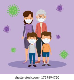 cute family members using face mask with particles 2019 ncov vector illustration design