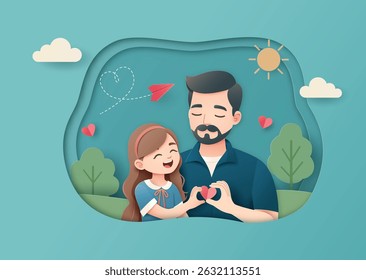 Cute family moment of dad and daughter forming heart shape with hands. Paper cut cartoon style illustration. Father's Day, parenting, love, family bonding concept.