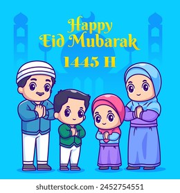 Cute Family Moslem Celebrating Eid Mubarak Cartoon Vector Icon Illustration. People Religion Icon Concept Isolated Premium Vector. Flat Cartoon Style