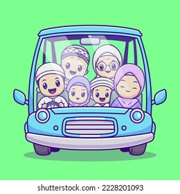 Cute Family Moslem Homecoming With Car Cartoon Vector Icon Illustration. People Transportation Icon Concept Isolated Premium Vector. Flat Cartoon Style