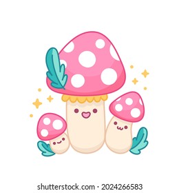 Cute family of mushrooms with pink cape and spots. Amanita or fly agaric isolated on white background. Vector illustration in cartoon style