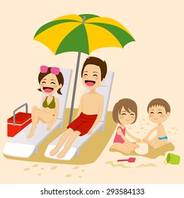 Cute family on beach sunbathing relaxing and playing on vacation