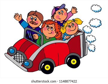 Cute family on summer vacation. Colored vector for card or gift. 