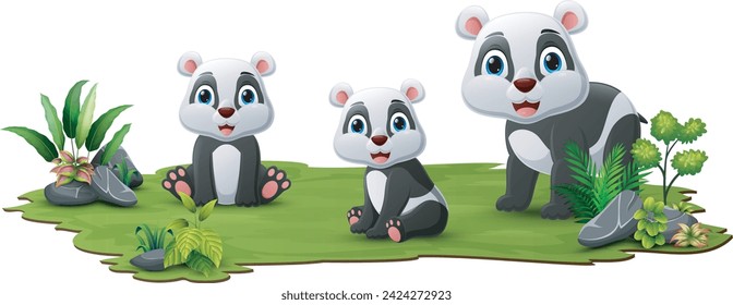 Cute family pandas cartoon in the grass