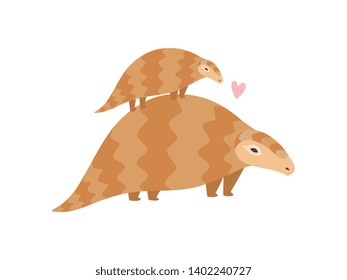 Cute Family of Pangolins, Mother Pangolin and Her Baby Who is Sitting on Her Back, Rare Species of Animals Vector Illustration