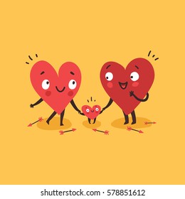 Cute Family, Parents With Child. Hearts Characters As Symbols Of Family And Love. Vector Colorful Illustration 