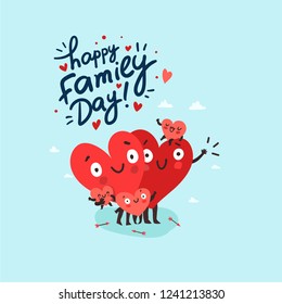 Família fofa, pais com filhos. Personagens de corações como símbolos de amor e família. Letras desenhadas à mão “Feliz Dia da Família”. Ilustração colorida vetorial 