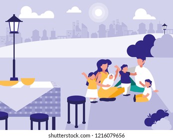 cute family in park with picnic