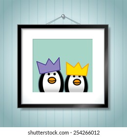 Cute Family of Penguins wearing Festive Party Hats in Picture Frames hanging on a Wallpaper Background