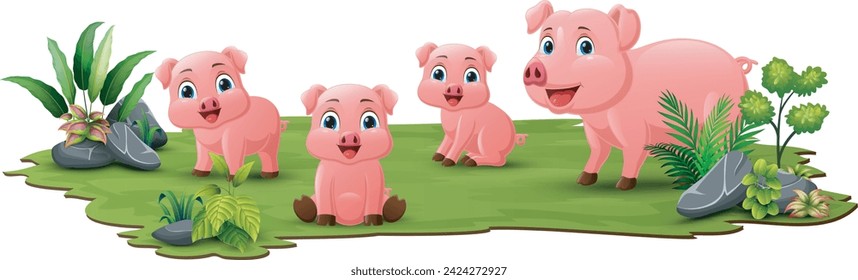 Cute family pig cartoon in the grass