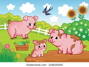 Cute family of pigs with a baby sitting in the mud in a summer meadow. Vector illustration with cute farm animals in cartoon style.