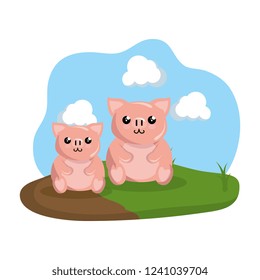 cute family pigs in the camp