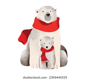 Cute family of polar bears. Mom and baby bears in red winter scarfs, Watercolor, Vector  illustration. Cozy clip art element, ready to print. Perfect for invitation, card, poster, banner, decorations