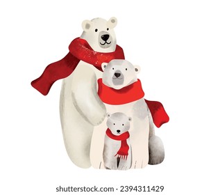 Cute family of polar bears, Vector, Watercolor. Collection of Vector  illustrations. Cozy Watercolor clip art elements, ready to print. Perfect for invitation, card, poster, banner, decorations