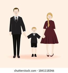 Cute Family Portrait Character of Father Mother and Son Holding Hand in formal Attire