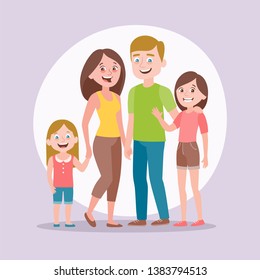 Cute family portrait. Mother, father and two daughters. Full lenght portrait of family members standing together. Vector illustration in cartoon style.