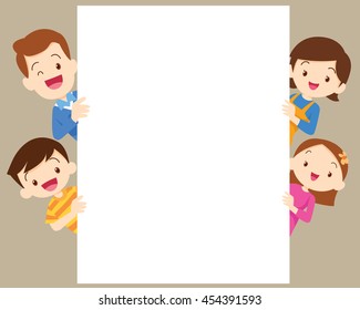 Cute family post smile beside a white board, space frame.Dad son mom daughter and  blank banner.