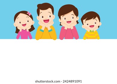 Cute family post smile on a white board frame. Dad son mom daughter sitting with hands on chin on blank banner