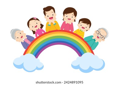 Cute family post smile on rainbow and white board frame. Dad son mom daughter grandparent sitting with hands on chin on rainbow