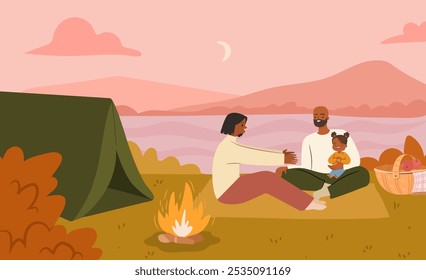 Lindo concepto de camping de tiempo de calidad familiar.  Tiempo libre de la familia negra. Hermoso paisaje de la naturaleza. Ilustración de Anuncio de Vector plano dibujado a mano.