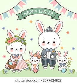 A cute family of rabbits in a blooming meadow under the inscription Happy Easter. A basket of Easter eggs. Easter card. Vector illustration.