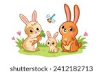 A cute family of rabbits stands in a green meadow on a white background. Vector illustration with cute farm animals in cartoon style. The little rabbit stands with its parents.