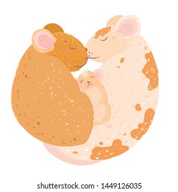 A cute family of rats, dad, mom and mouse. Sleep ball.