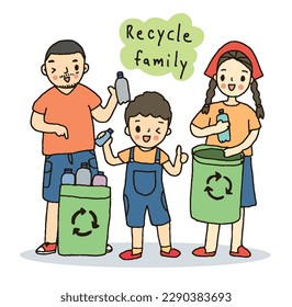 Cute family recycling together, cartoon drawing style illustration