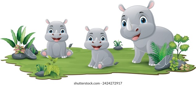 Cute family rhinos cartoon in the grass