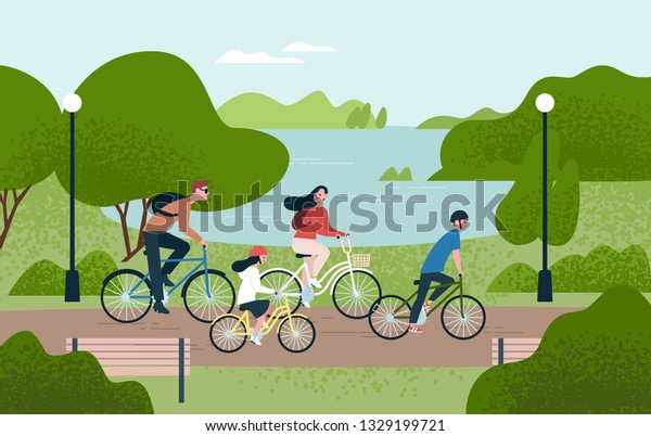 家族が自転車に乗っているのが可愛い 公園で自転車に乗ってるお母さんとお父さんと子供 親と子供が一緒に自転車 で行く スポーツとレジャーのアウトドア活動 フラットな漫画スタイルのカラフルなベクターイラスト のベクター画像素材 ロイヤリティフリー