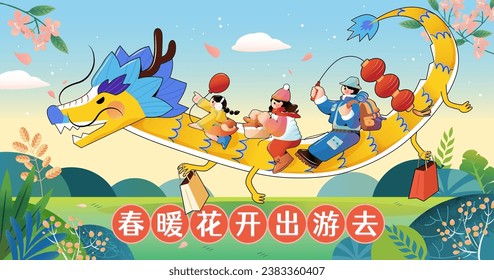 Cute family riding dragon on nature background. Text: Warmth and flower bloom spring season outing.