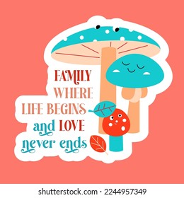 Cute family of romantic mushrooms for design and printing. Calligraphy and cartoon composition scene about love. Flat isolated vector illustration. 