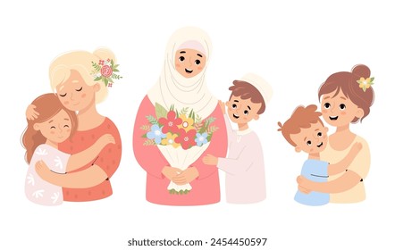 Cute family set. Happy blonde with daughter, Muslim woman in hijab with bouquet flowers and mother with smiling son. Vector illustration flat cartoon style. Characters diverse cultures and religions