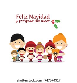 Cute family singing carols at Christmas Night. Spanish title