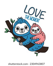 Cute family sloth. Exotic Asian animals lies on branch next to text love moment. Mother with child, mom with baby at back. Zoology and biology. Cartoon flat vector illustration