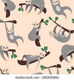 cute family sloths , cartoon characters vector seamless pattern on pink background. Concept for print, wallpaper, wrapping paper, cards