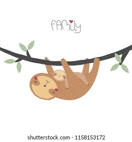 Cute family of sloths. Mom and baby. Vector hand drawn illustration.