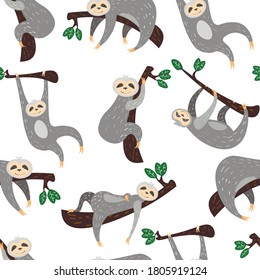 Cute family sloths  vector characters seamless pattern on white background. Concept for wallpaper, wrapping paper, cards textile