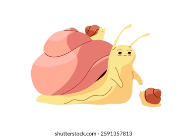 Cute family of snails is together. Happy mother and babies snailfishes on her coiled house on back. Funny characters of slugs with spiral shell. Flat isolated vector illustration on white background