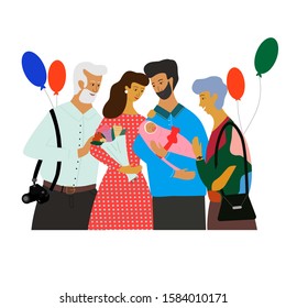 Cute family standing together, smiling and looking at newborn baby. Happy parenthood concept, celebrating of new born child. Flat colorful vector illustration in cartoon style