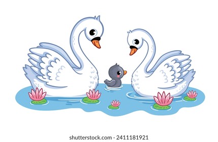 A cute family of swans swims in a pond. Vector illustration with cute wild birds in cartoon style. The cygnet  with his parents.