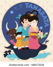 Cute family with their children, ox and magpies celebrating Tanabata (or "Evening of the seventh") Festival at night.