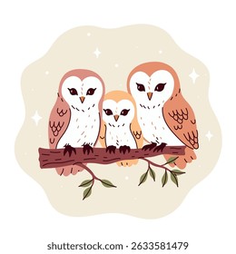 Cute family of three barn owls sitting on a branch. Vector graphics.