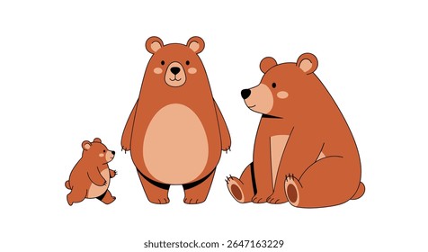 Cute Family of Three Brown Bears in Cartoon Style