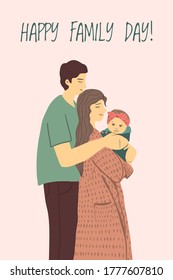 Cute family of three in cartoon style. Vector family with one infant baby concept. Father hugs mother with baby. Mother holds adorable child. Happy Family day postcard. Perfect for print, social media