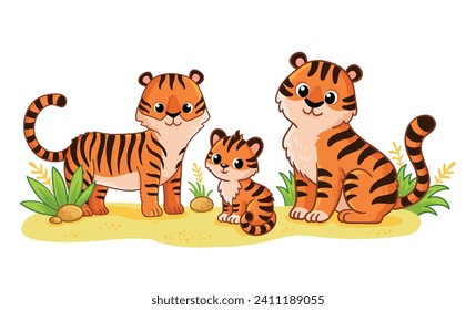 A cute family of tigers stands on a green meadow on a white background. Vector illustration with cute wild animals in cartoon style. A tiger cub with his mom and dad.