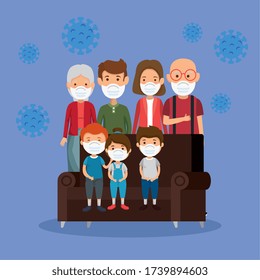 cute family using face mask with couch and particles 2019 ncov vector illustration design