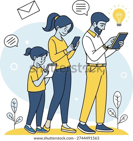 Cute family using gadgets vector art