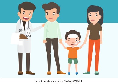 Cute family visiting the doctor. Father Mother and son in doctor's office. Health and medical concept. Kids have sick and fever disease. vector illustration